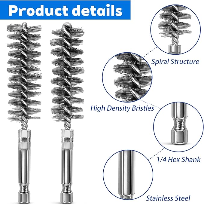6 Pcs Stainless Steel Bore Brush Copper Pipe Cleaner, 6 Size Twisted Wire Cleaning Brush Set with 1/4 Inch Hex Shank for Cleaning Tubes Rust Bearings(8, 10, 12, 15, 17, 19mm)