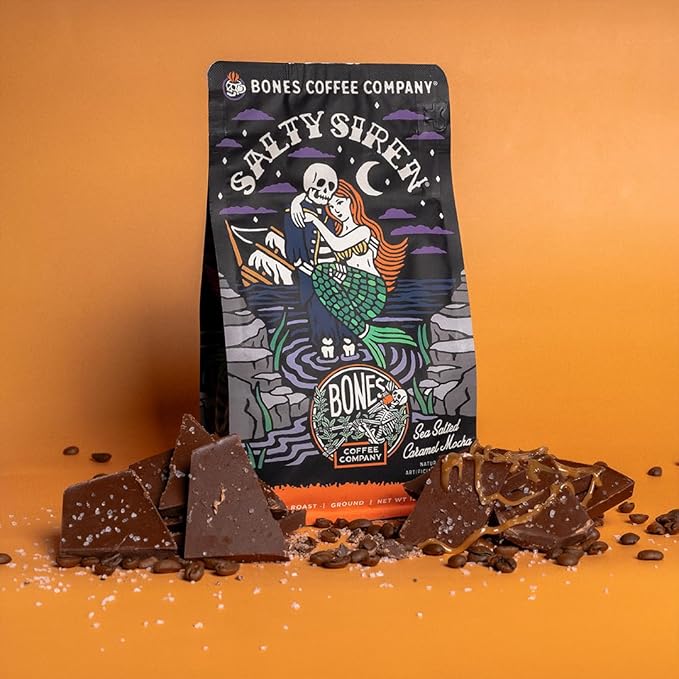 Bones Coffee Company Salty Siren, Sea Salted Caramel Chocolate Flavored Coffee, Medium Roast Low Acid Arabica Beans Compatible with Auto drip and French Press Coffee Maker, 12 Oz Ground