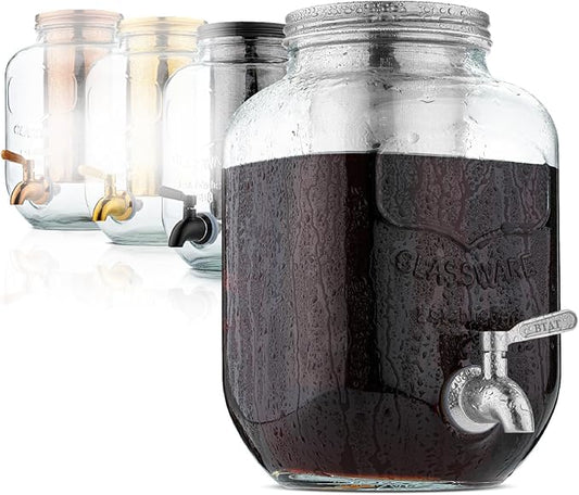 BTaT- 1 Gallon Cold Brew Coffee Maker, Thick Glass Pitcher with Stainless Steel Filter, Lid & Spigot, Iced Coffee & Sun Tea Brewer, Large Mason Jar Cold Brew Container, Fast Iced Tea Maker for Fridge