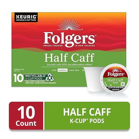 Folgers Half Caff Coffee, Medium Roast, Keurig K-Cup Pods, 10 Count