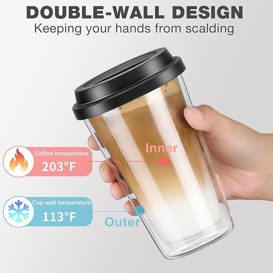 2 Pack Double Walled Insulated Coffee Mugs with Silicone Lids, 12 OZ Reusable Coffee Cups, Cappuccino, Tea, Latte, Iced Coffee Cups, Travel Mugs, Heat Resistant