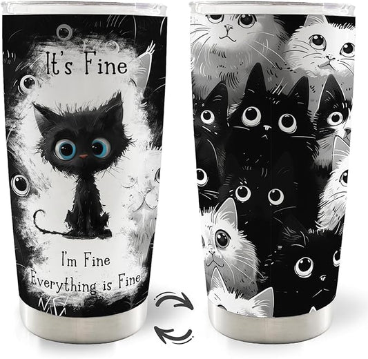 Cat Gifts for Cat Lovers, Funny Black Cats 20oz Travel Coffee Mug Tumbler, Im Fine Everythings Fine Stainless Steel Tumbler with Lid and Straw
