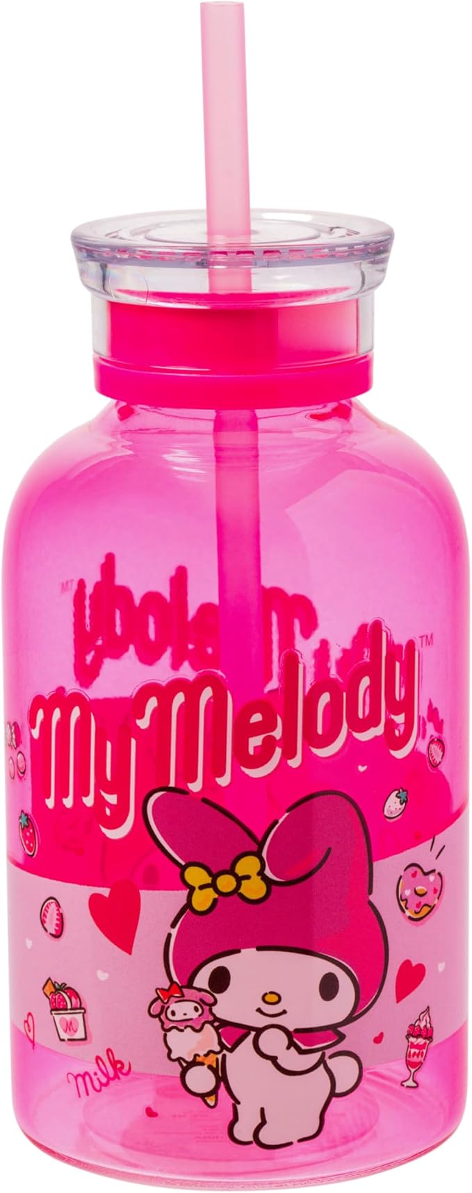Silver Buffalo Sanrio Hello Kitty and Friends Featuring My Melody Strawberries Sweets Pink Glass Milk Bottle with Straw, 15 Ounces
