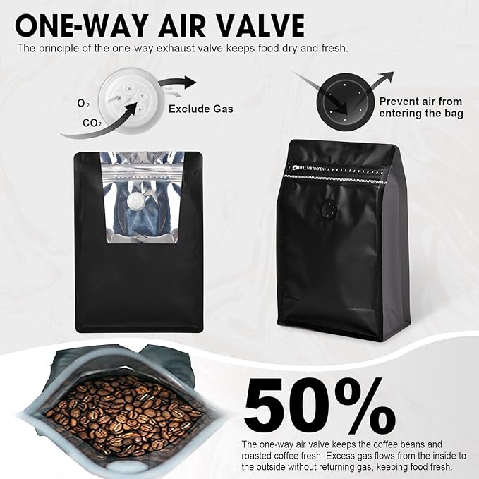 Coffee Bags with Valve(60pcs,8oz,0.5lb) Vented Coffee Beans Packaging Bags High Barrier Aluminumed Foil Flat Bottom Heat Sealed Side Zipper Resealable Storage Bag for Home or Business（Black+Gray）