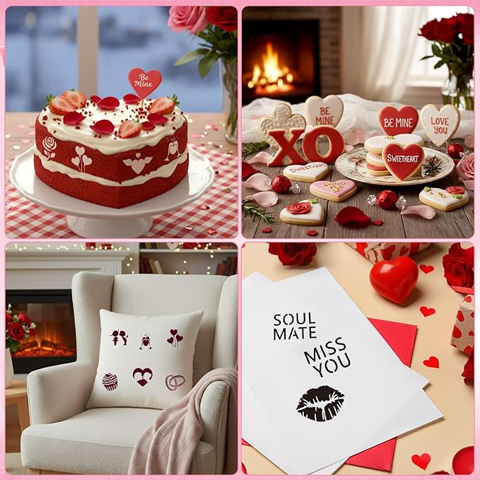Honeydak 60 Pcs Valentines Stencils Crafts Letters Heart Reusable for Painting on Wood Coffee Cake Stencils for Holiday Ornament DIY