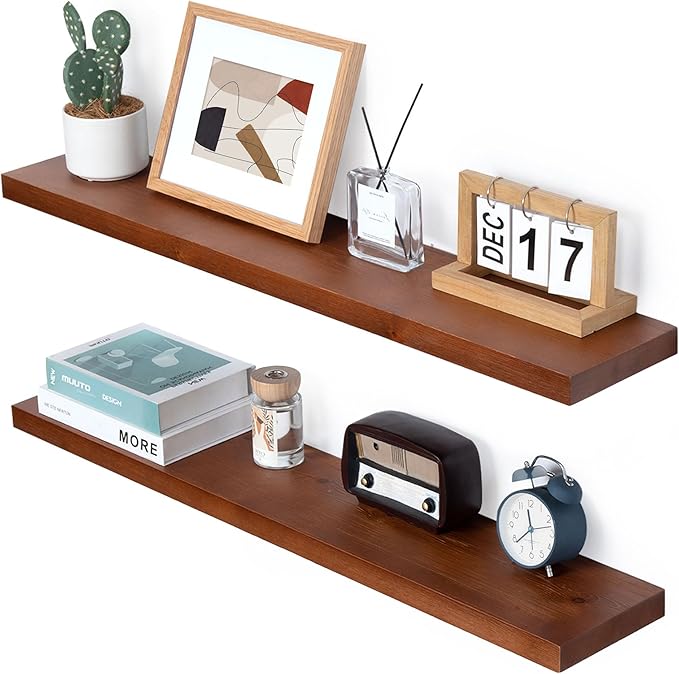 Marsmiles Wood Floating Shelves | 36 Inch Mahogan Wall Shelves Set of 2 | 36" W x 6.7" D Rustic Wooden Shelves for Bathroom Kitchen Living Room Bedroom