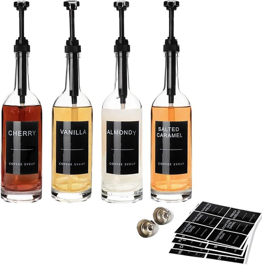 MSTCMZP 25.4 oz 750 ml Glass Coffee Syrup Dispenser for Coffee Bar With Pump & Lables Glass Syrup Bottle Included -4 Pack