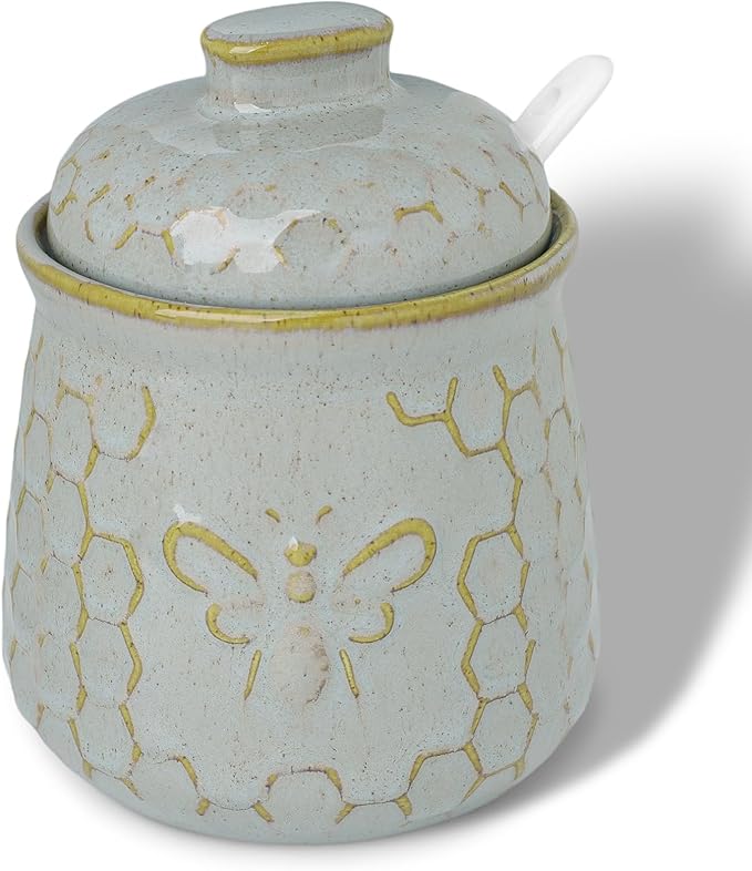 GDCZ Ceramic Sugar Bowl with Lid and Spoon, Honey Containers for Storing Syrup, Farmhouse Kitchen Decor, 10 Oz (Grey)
