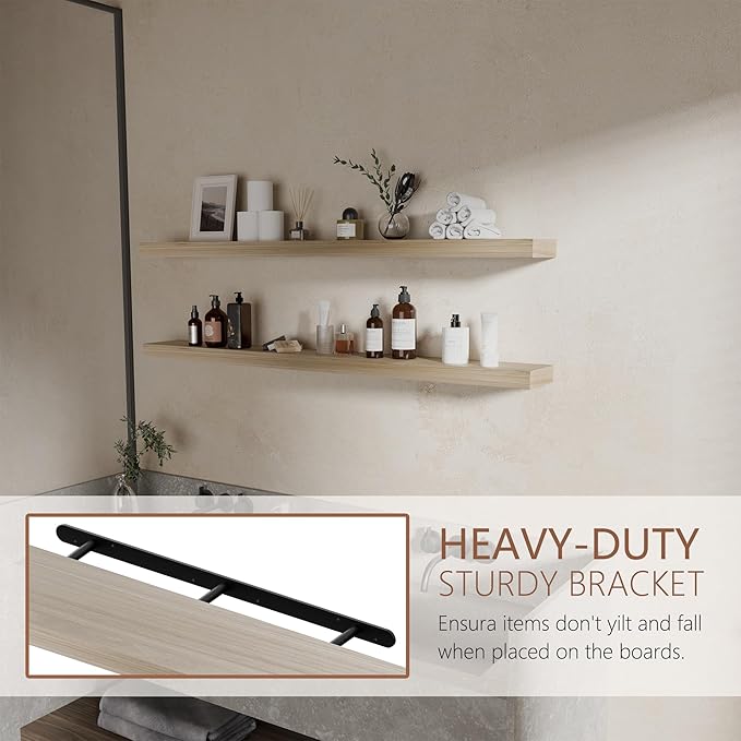 48 inch Natural Bathroom Shelves,Long Floating Shelves for Wall,Solid Wood Long Shelves Set of 2,Kitchen Mounted Shelf,Heavy Duty Bracket (Natural, 48 Inch)