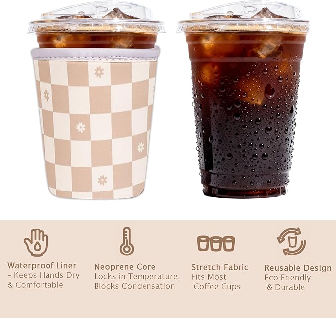 Reusable Insulated Sleeve for Iced Coffee Cup, Coffee Neoprene Sleeve for Cold & Hot Drinks, Beverage Holder for Iced Coffee (Floral Checkers, Small: 16-18oz)