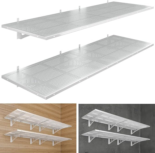 4-Pack 2x3ft Heavy Duty Garag e Wall Shelving, 1000 lbs Load Capacity, Garage Shelving Wall Mounted, Garage Storage Rack with Hooks, White
