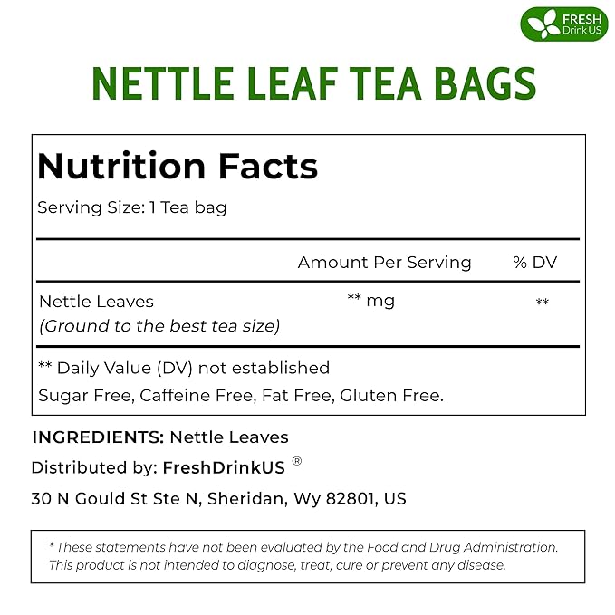 FreshDrinkUS, Premium 75 Nettle Leaf Tea Bags, 100% Natural & Pure from Nettle Leaves. Loose Leaf Nettle Herbal Tea. Nettle Leaf Tea. No Sugar, No Caffeine, No Gluten, Vegan.