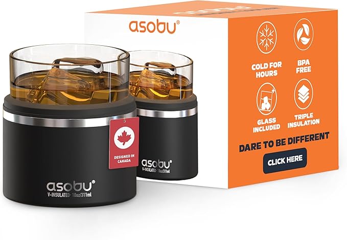 asobu Whiskey Sleeve Glass – Insulated Bourbon Tumbler with Premium Rocks Glass, BPA-Free, Double-Wall Stainless Steel, Keeps Drinks Cold Longer, 10.5oz