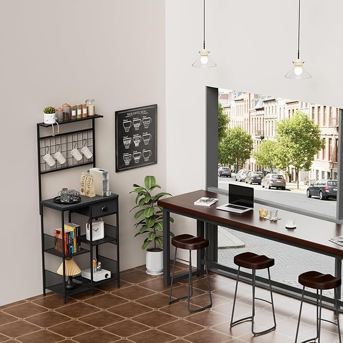 Aduanbang Farmhouse Coffee Bar Cabinet with Storage Drawer, Extended Worktop Corner Station, Home Bar Table for Living Room, Entryway (Black)