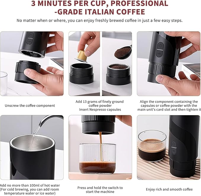 2 in 1 Portable Electric Coffee Maker None Self-heating, 20-Bar Travel Coffee Maker, Portable Espresso Machine for Car, Camping, Office, Compatible with Coffee Powder and Nespresso Capsule