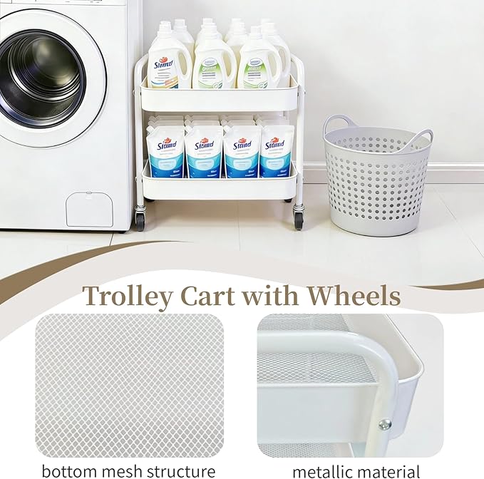 2 Tier Metal Rolling Cart with Wheels for Under Desk Storage & Pantry Storage, High Load-Bearing Kitchen Utility Cart for Small Space, Laundry Room Organization Side Table with 4 Hooks, White