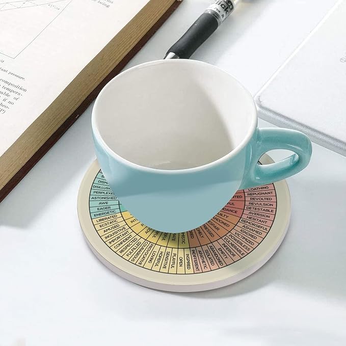 Wheel of Emotions Feelings Chart Coasters for Drinks Set of 4 Absorbent Round Ceramic Coaster Cork Base Cups Place Mat for Coffee Wooden Table Home Therapy Office Decor Counselor Therapist Gifts