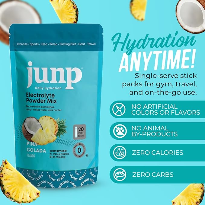 JUNP Sugar Free Electrolytes Powder Packets for Water Instant Hydration Packets with Salt & Potassium, Zero Calorie, No Carbs No Sugar Electrolyte Drink Mix Sticks, Keto Friendly, Pina Colada 20 Pack