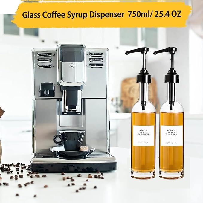 4 PCS 25 Oz Glass Coffee Syrup Dispenser 750 ML Glass Syrup Bottle With Pump And Labels Black Coffee Syrup Pump Dispenser for Coffee Bar Accessories, Home Bar