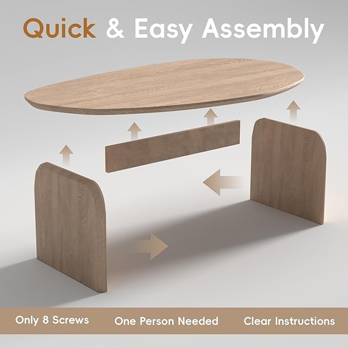 Honyee Oval Coffee Table, 47.2" Wood Coffee Table for Living Room, Modern Wooden Center Table with Solid Wood Veneer Legs, Sturdy Rounded Edge Design, Easy Assembly, Apartment Friendly, Natural