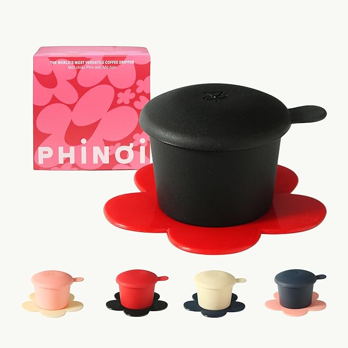 Pour Over Coffee Dripper - Vietnamese Phin Filter – Single Cup Coffee Maker 1-2 Cup with Flower Design – Plastic Reusable Coffee Filter for Manual Brewing, Travel Friendly (Black + Red)