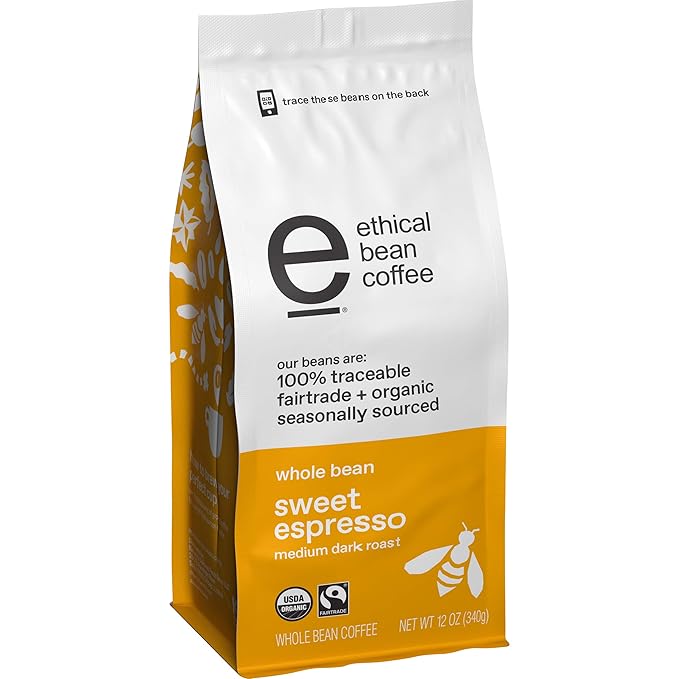 Ethical Bean Fairtrade Organic Coffee, Whole Bean Espresso Coffee (12 Oz Bag), Sweet Espresso Medium Dark Roast, 0.75 Lb