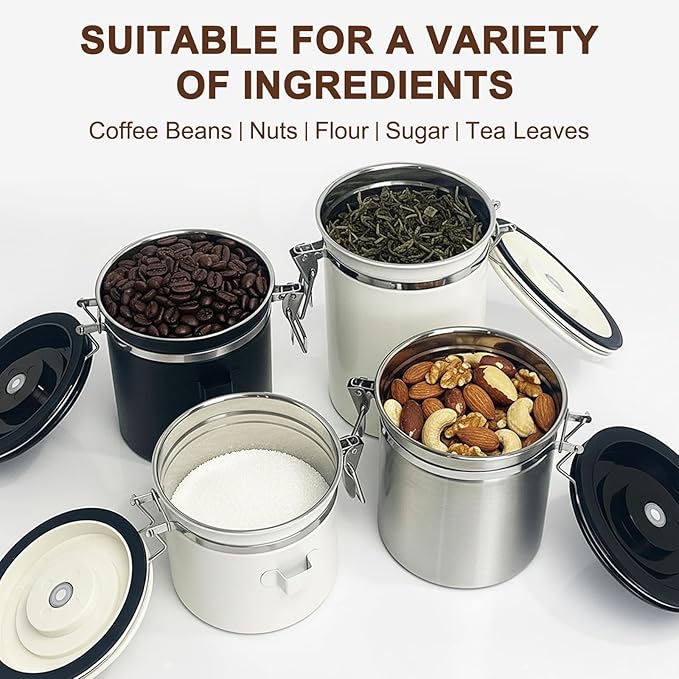 1.5L Airtight Vacuum Coffee Canister, Stainless Steel Storage Container for Coffee Beans and Grounds with Scoop.Suitable for coffee powder, coffee beans, rice, tea leaves, sugar, flour, and grains
