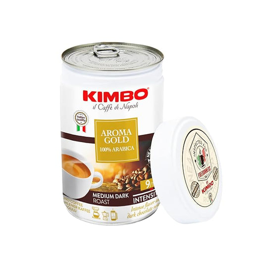 Kimbo Aroma Gold 100% Arabica Ground Coffee | Medium Dark Roast | 9/13 Intensity | Intense Flavor & Dark Chocolate Notes | 8.8 oz Can - Pack of 3
