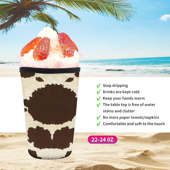 Reusable Neoprene Insulator Sleeve for Iced Coffee Cold Soda Cups, Cute Durable Drink Sleeve for Cold Beverages, Medium 22-28oz Cup Sleeve Cute Cowhide Print