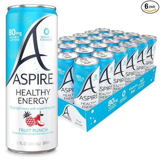 ASPIRE® Fruit Punch, Healthy Energy Drink 80mg Natural Caffeine, Zero Sugar No Carbs Keto Friendly, 24 Pack Green Tea Sugar Free Drink Low Caffeine Zero Calorie