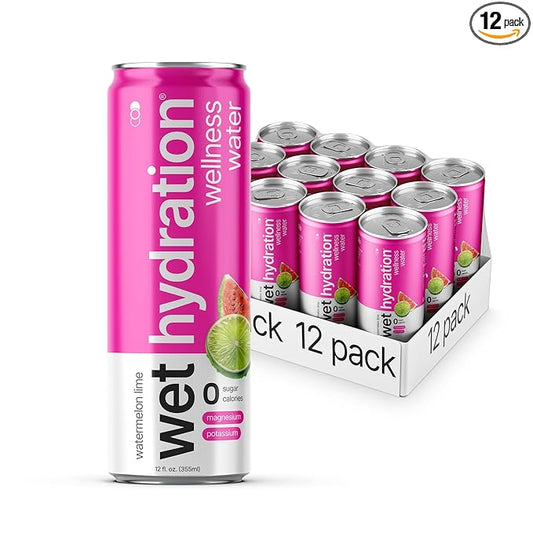 Wet Hydration | Functional Wellness Water, Non-Carbonated - Watermelon Lemon Lime (12 Ounce Cans, Pack of 12) - Flavored Water, Hydration Drink, No Sugar, No Artificial Ingredients, Zero Calories