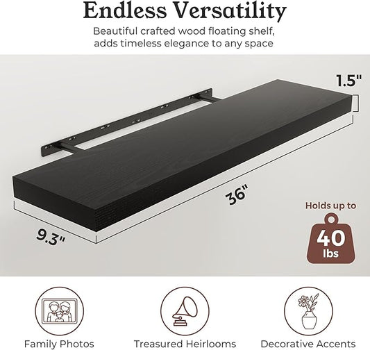 Floating Shelves for Wall, 9.3" Deep Wall Mounted Wood Shelves for Bathroom, Bedroom, Living Room, Kitchen, Hanging Shelf for Books/Storage/Room Decor (Black, 36")
