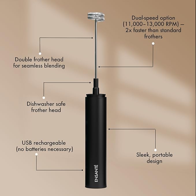 ENSANTE Ultra Fast Electric Milk Frother Wand, 13,000RPM Immersion Blender Rechargeable Frother for Protein Powder, Cold Foam, Travel Frother Handheld with Case, Matcha Whisk, Coffee Stirrers Electric