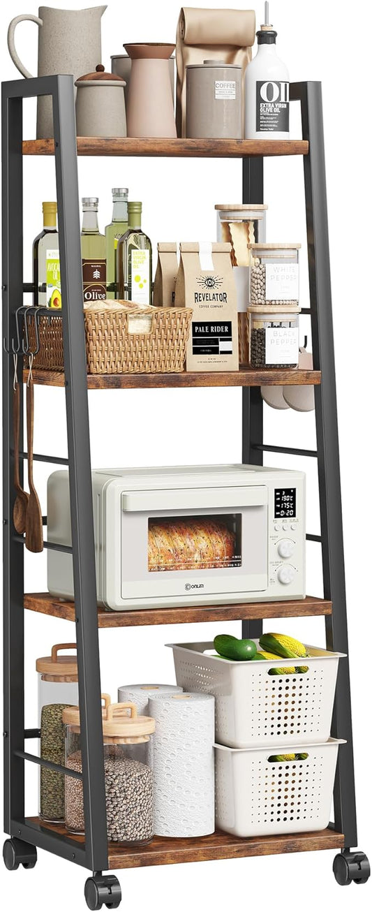 Homeiju 4 Tier Kitchen Storage Cart with Lockable Wheels & 6 Hooks, Mobile Utility Organizer Rolling Cart for Small Spaces, Bar Cart for Kitchen and Living Room, Rustic Brown