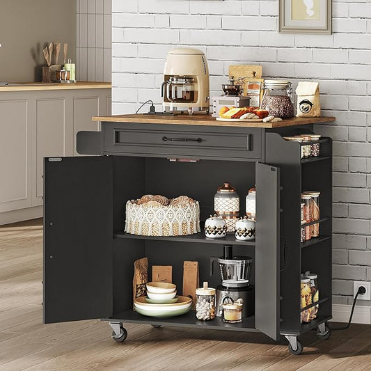 Kitchen Island with Power Outlets & Drop Leaf, Rolling Kitchen Cart on Wheels, Kitchen Storage Island with Spice Rack and Drawer for Kitchen, Dinning Room, Black and Rustic Brown