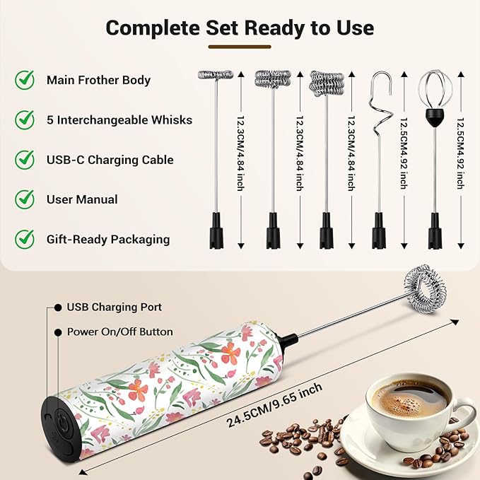 Milk Frother Handheld Rechargeable - 2-Speed Electric Whisk with 5 Detachable Heads (Frother/Mixer/Whisk) for Coffee, Latte, Cappuccino & Matcha, Drink Mixer (Flower 16)