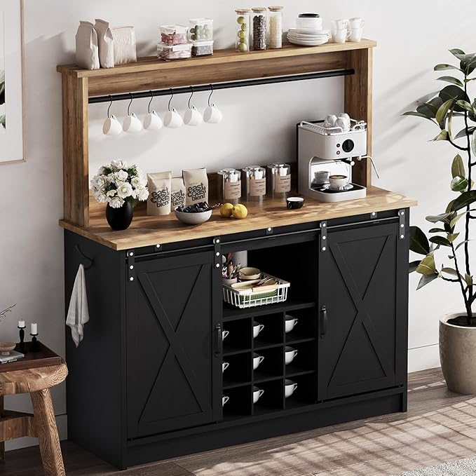4ever2buy Farmhouse Coffee Bar Cabinet with Hutch, 47 Inch Buffet Cabinet with Storage, Wine Bar with 9 Wine Racks and 6 Hooks, Coffee Bar Table with Adjustable Shelves for Living Dining Room, Black