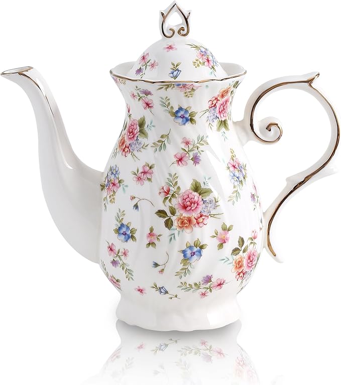 tea pot ceramic, Porcelain teapot with lid, 37oz for Tea, Milk, Coffee, Flower tea (White with small flowers)