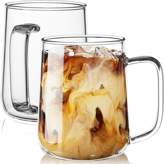 Large Glass Coffee Mugs, 20 oz Glass Coffee Cups Set of 2, Clear Borosilicate Glass Mugs with Handles for Cappuccino, Tea, Latte, Hot/Cold Beverages, Wine, Americano
