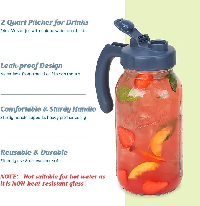 Soligt Glass Mason Jar Pitcher with Lid, Wide Mouth Flip Cap Pour Spout Leak-proof Lid with Handle, 64 oz (2 Quart / 1.9 Liter), Navy and Yellow, 2 Pack