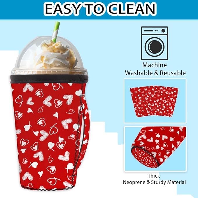 Red White Heart Reusable Coffee Sleeves Iced Coffee Cozy Insulator,Valentine's Day Neoprene Holder with Handle for Cold Coffee or Ice Drink, Small 16-18oz