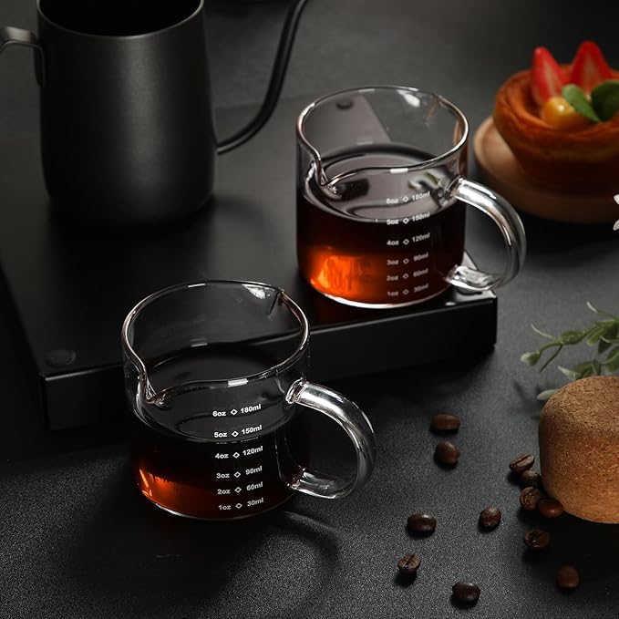 Patelai 2 Pcs 6oz/180ml Espresso Cups, Glass Measuring Cups with Double Spouts & Handle, Scale Espresso Shot Glass Milk Frothed Cup Coffee Accessories for Machines, Milk Frothed, and Bars