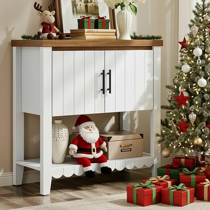 31.7" Entryway Table Console Table with Storage, Coffee Bar Cabinet with 2 Doors, Farmhouse Narrow Sofa Table w/Open Storage Shelf, Buffet Cabinet Sideboard for Living Room, Entryway, Foyer White