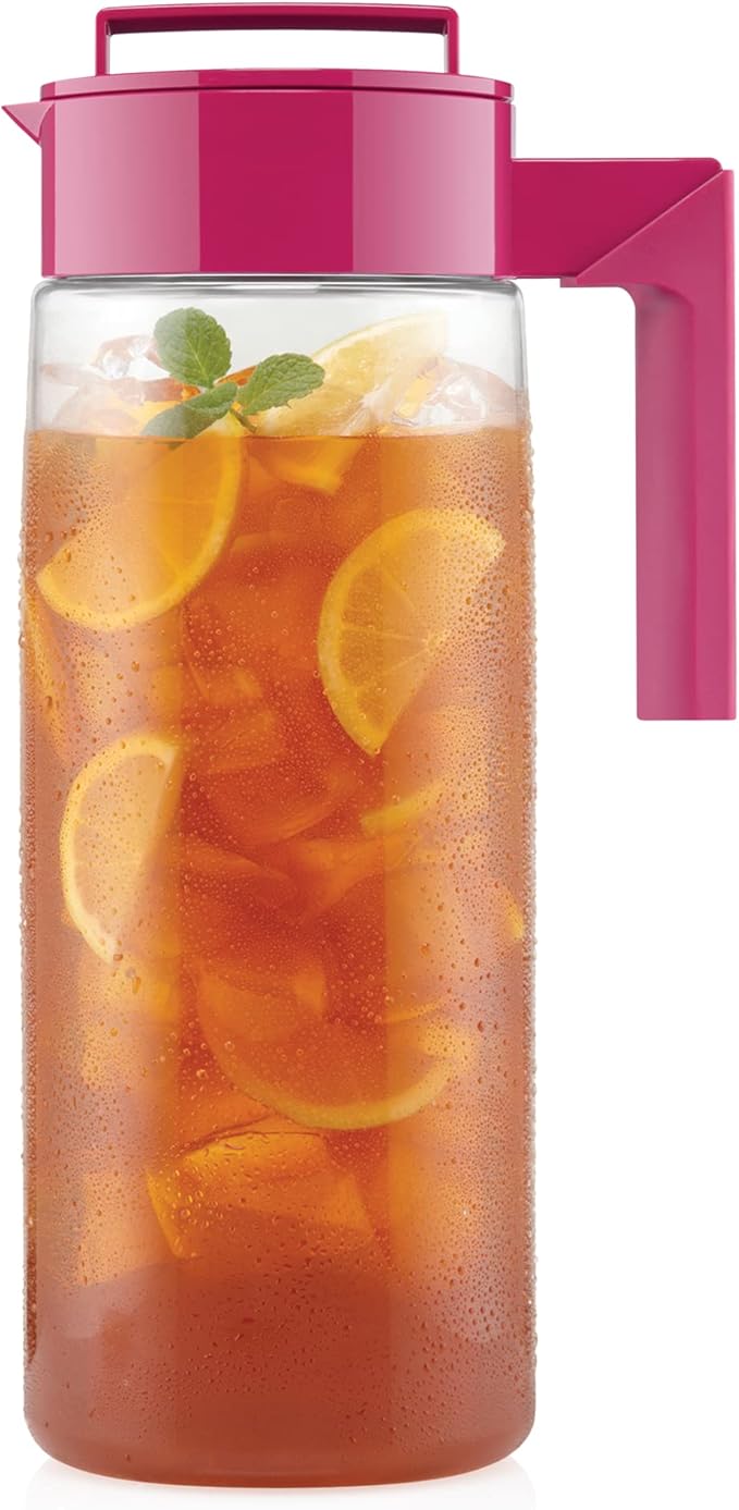 Takeya Airtight Pitcher - Everyday-Use Airtight Pitcher for Iced Tea & More - Clear Pitcher with Lid - Lightweight Kitchen Essential - Spill-Proof & Durable Kitchenware - 2 Quart, Raspberry