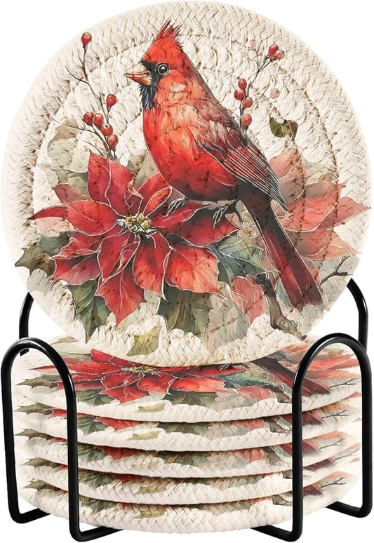 Christmas Coasters with Holder Red Cardinals Bird Poinsettia Coasters Set of 6 Cotton Woven Absorbent Cup Coaster Xmas Holiday Party Table Decor 4 Inches
