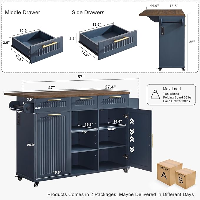 Okvnbjk 57" Kitchen Island with Storage & Drop Leaf — Kitchen Rolling Island with Trash Can Storage Cabinet, Large Mobile Island Cart on Wheels with Power Outlet, Spice & Towel Rack, Navy Blue