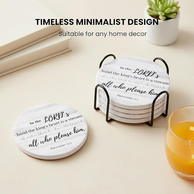 Christian Coasters Set of 6 with Holder– Ceramic Absorbent Drink Coasters for Coffee Table Desk, Modern Cute Moisture Absorbing Coasters, Christian Gifts Alternative to Cork, Silicone or Glass Coaster