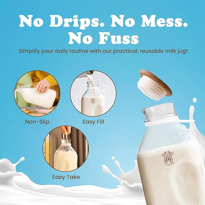 Almond Cow - Glass Pitcher with Lid and Spout, Glass Bottle Milk Container for Refrigerator, Clear Milk Jar Bottles, Food-Grade Liquid Container - 60 fl oz Capacity, 5 x 4 x 10 Inches