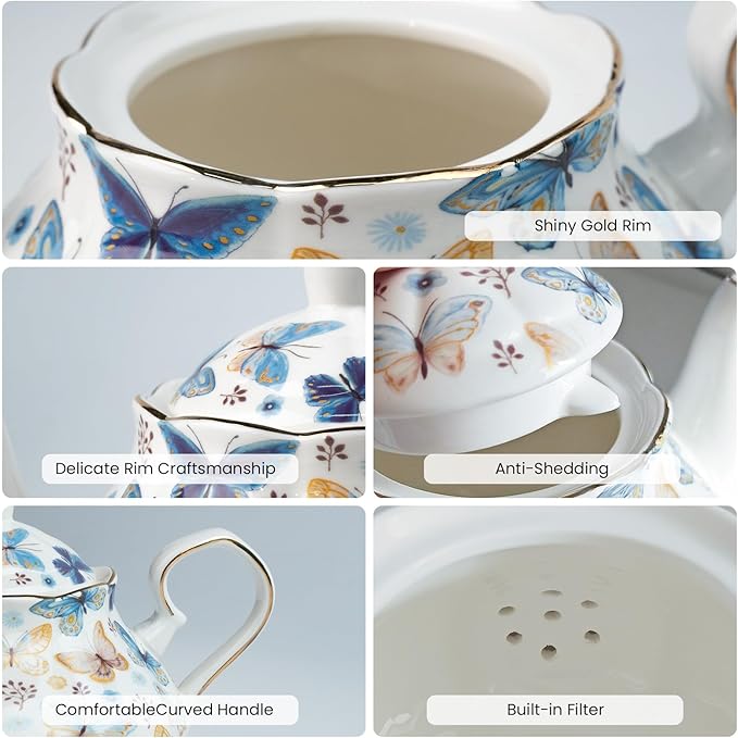 33.8 oz Porcelain Tea Pot Luxury Gold Trim Floral Ceramic Teapot Waterpot Tea Maker for Blooming Loose Leaf Tea Coffee Milk Chrismas Women Gift Housewarming Home Kitchen Décor (Butterfly)