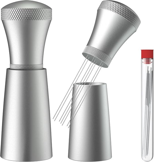 WDT Espresso Distribution Tool Espresso Stirrer Tools for Barista, 0.35mm 7 Needles Espresso Coffee Stirrer with Extra 7 Replaceable Needles, Aluminum Alloy Handle with Stand (Silver)